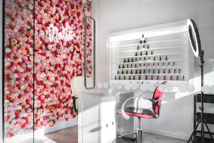 Beauty station with flower wall